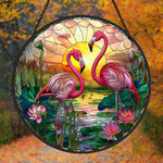 flamingo couple stained glass suncatcher window hanging, suitable for home and garden decoration.