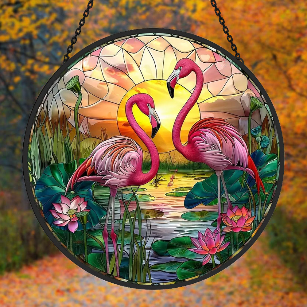 flamingo couple stained glass suncatcher window hanging, suitable for home and garden decoration.