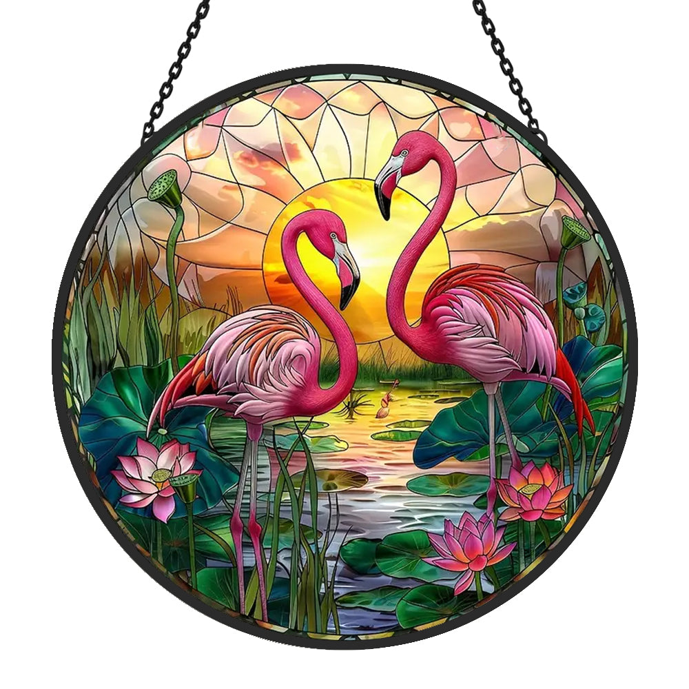 flamingo couple stained glass suncatcher window hanging, suitable for home and garden decoration.