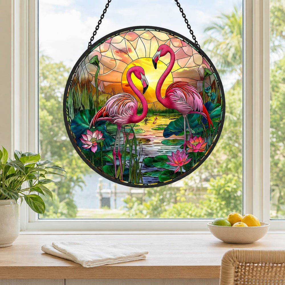 Flamingo couple stained glass suncatcher window hanging, suitable for home and garden decoration
