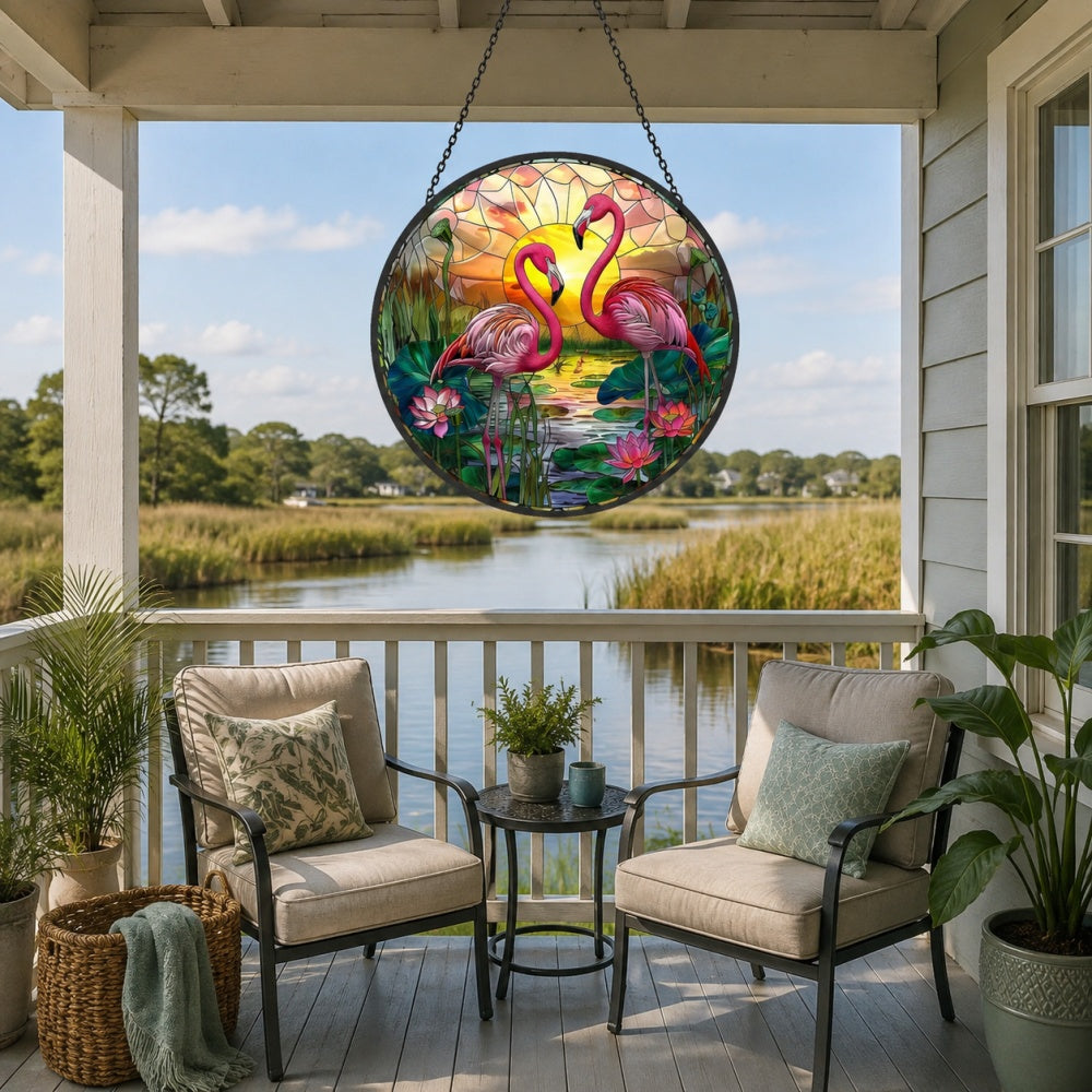 Flamingo couple stained glass suncatcher window hanging, suitable for home and garden decoration