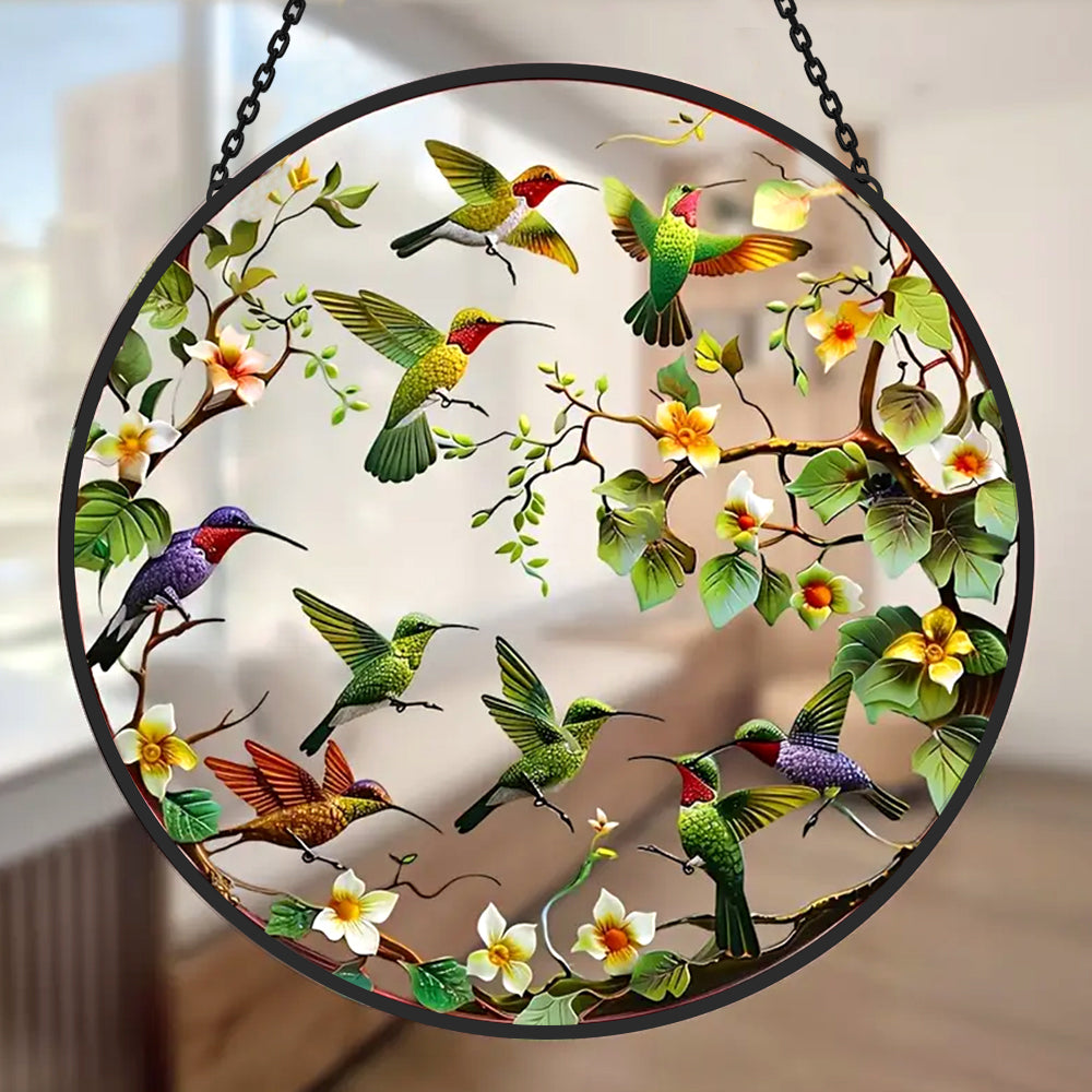 Flock of garden hummingbirds stained glass suncatcher window hanging, suitable for home and garden decoration