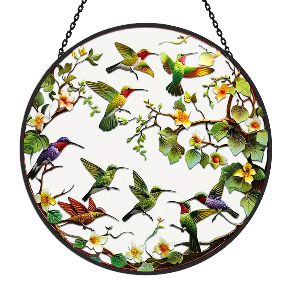 Flock of garden hummingbirds stained glass suncatcher window hanging, suitable for home and garden decoration