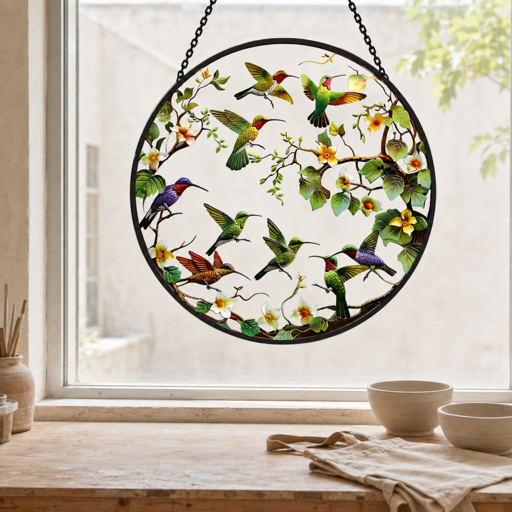 Flock of garden hummingbirds stained glass suncatcher window hanging, suitable for home and garden decoration