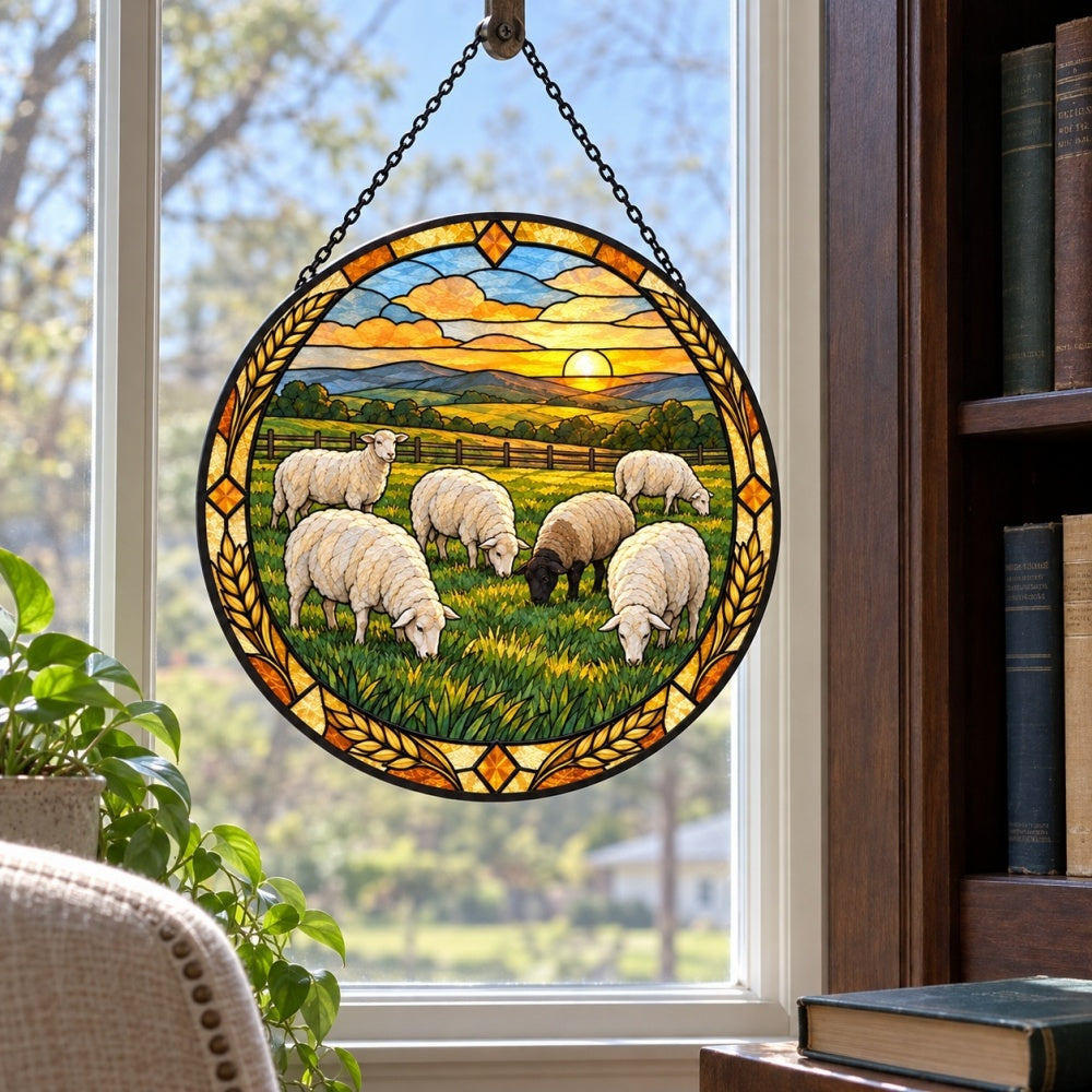 Flock of sheep at sunset stained glass suncatcher window hanging, suitable for home and garden decoration