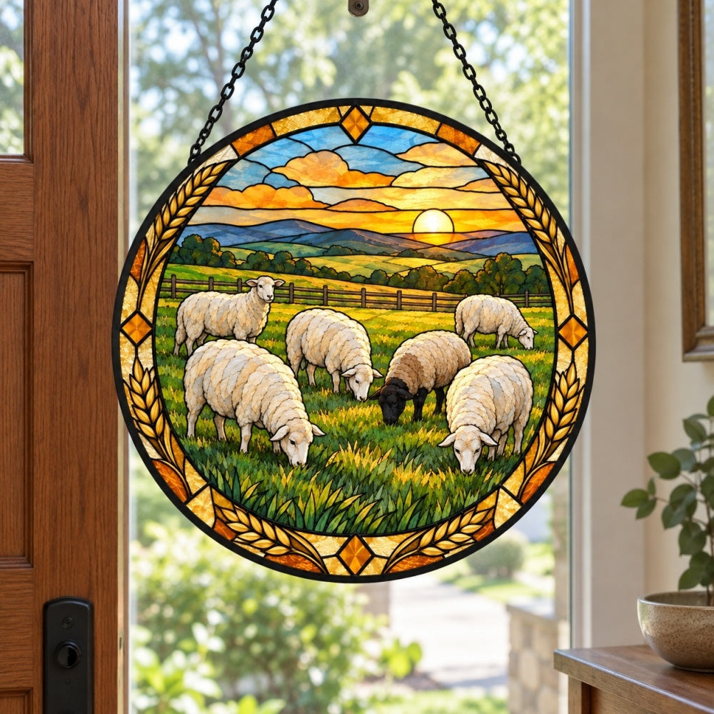 Flock of sheep at sunset stained glass suncatcher window hanging, suitable for home and garden decoration