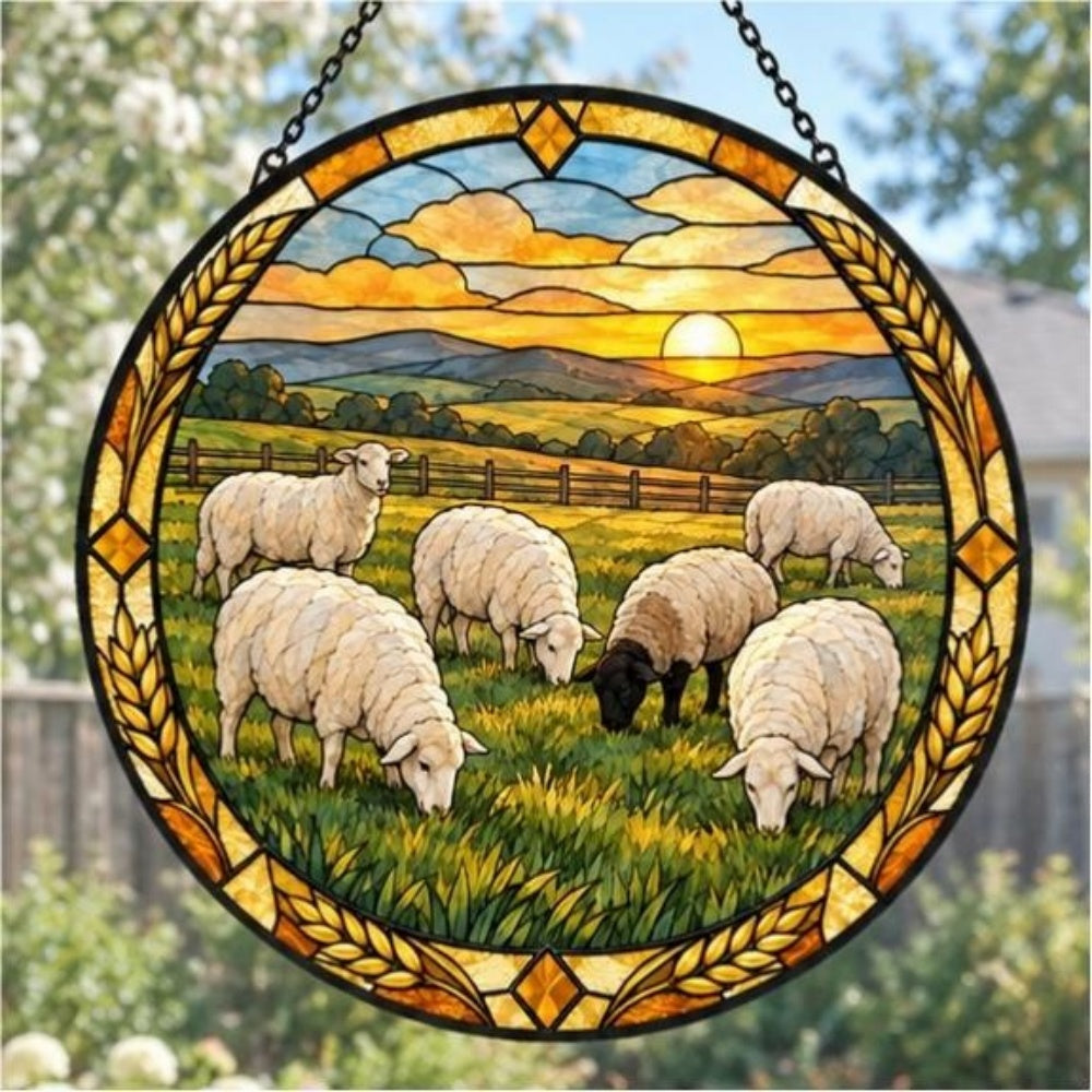 Flock of sheep at sunset stained glass suncatcher window hanging, suitable for home and garden decoration