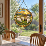Flock of sheep at sunset stained glass suncatcher window hanging, suitable for home and garden decoration