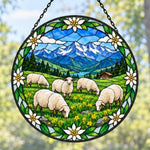 Flock of sheep in an alpine pasture stained glass suncatcher window hanging, suitable for home and garden decoration