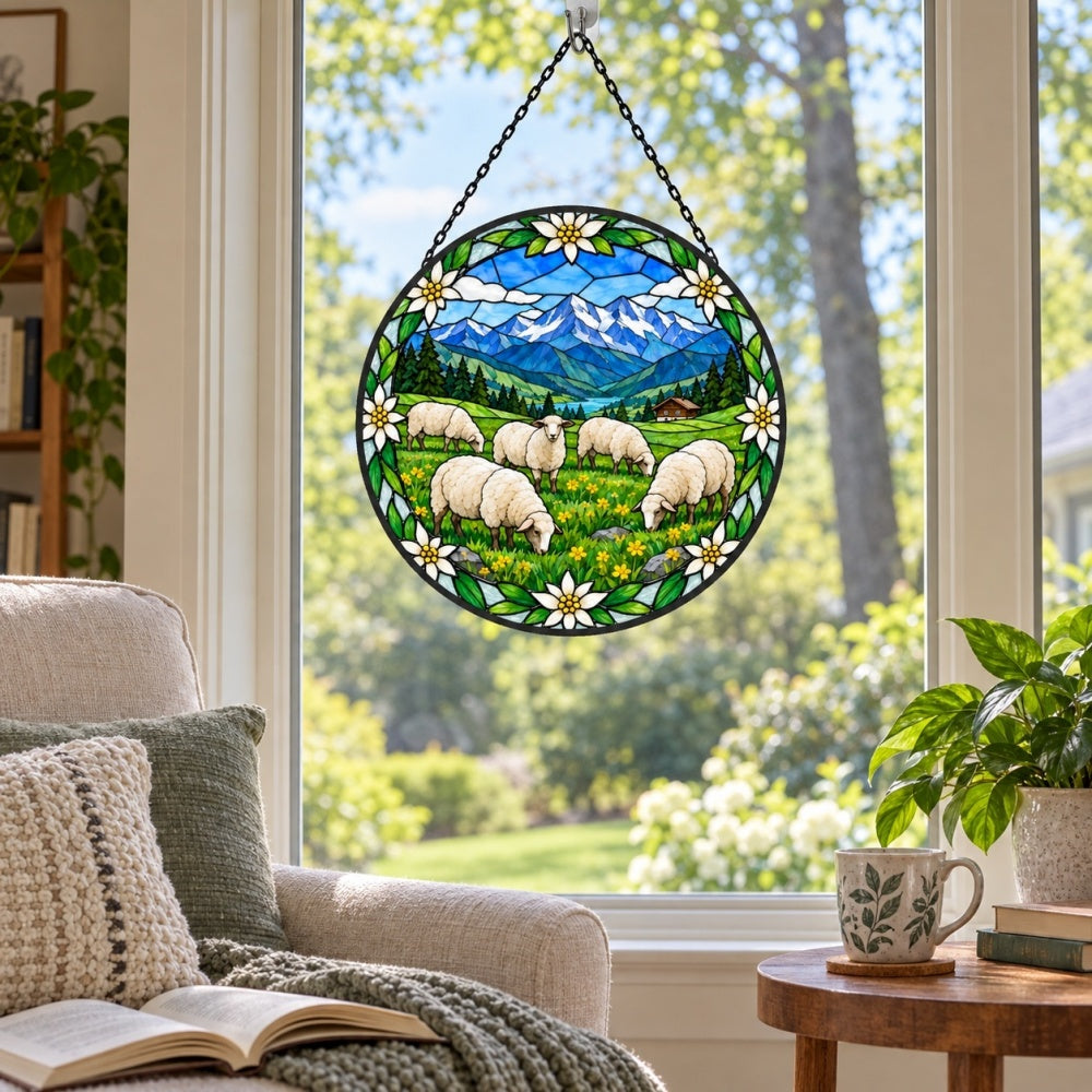 Flock of sheep in an alpine pasture stained glass suncatcher window hanging, suitable for home and garden decoration