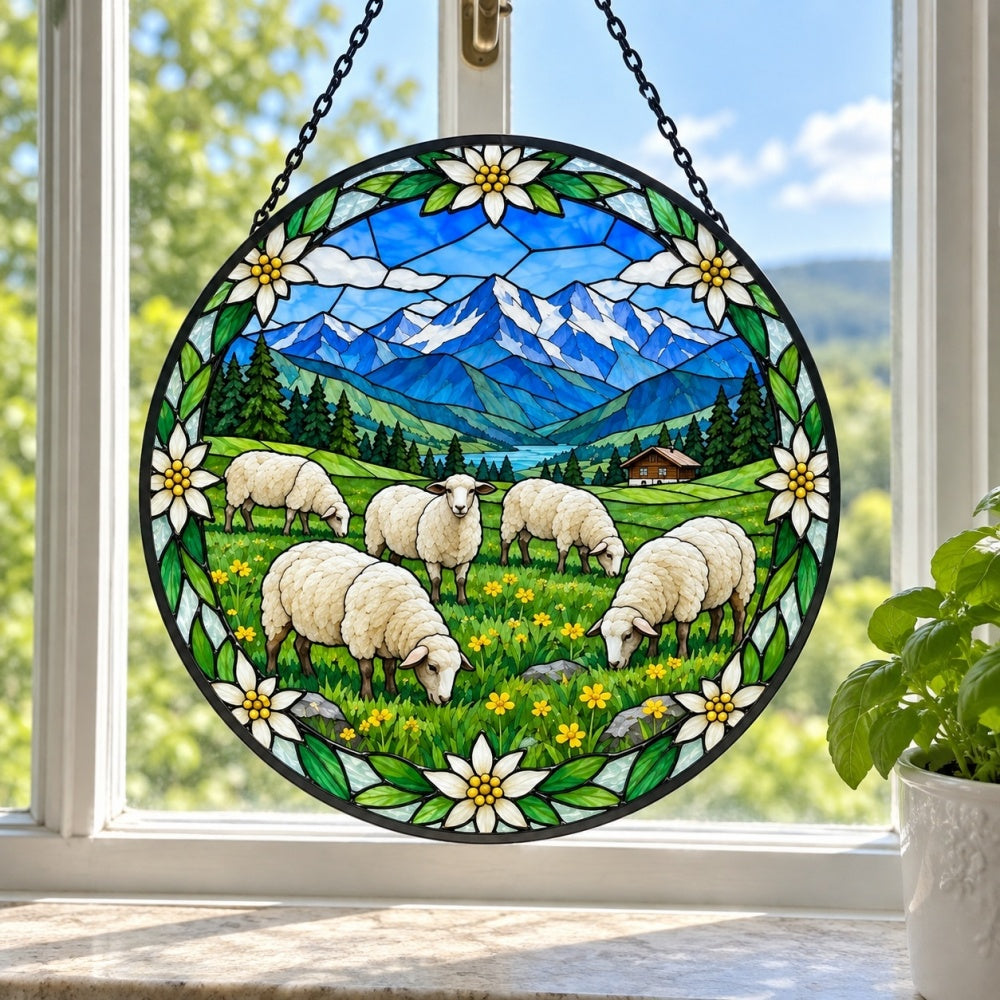 Flock of sheep in an alpine pasture stained glass suncatcher window hanging, suitable for home and garden decoration