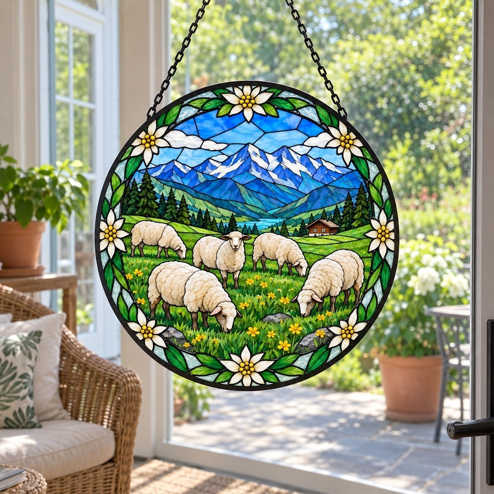 Flock of sheep in an alpine pasture stained glass suncatcher window hanging, suitable for home and garden decoration