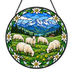Flock of sheep in an alpine pasture stained glass suncatcher window hanging, suitable for home and garden decoration