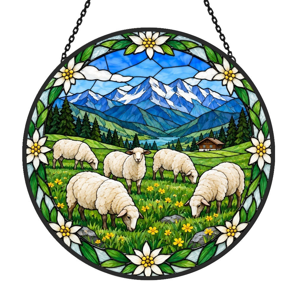 Flock of sheep in an alpine pasture stained glass suncatcher window hanging, suitable for home and garden decoration