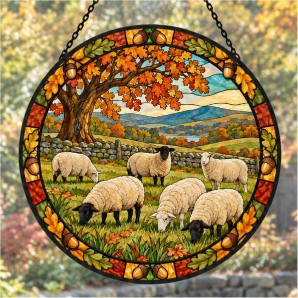 Flock of sheep under autumn oaks stained glass suncatcher window hanging, suitable for home and garden decoration