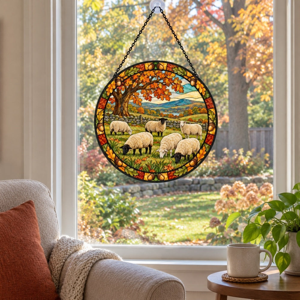 Flock of sheep under autumn oaks stained glass suncatcher window hanging, suitable for home and garden decoration
