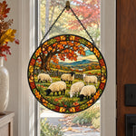 Flock of sheep under autumn oaks stained glass suncatcher window hanging, suitable for home and garden decoration