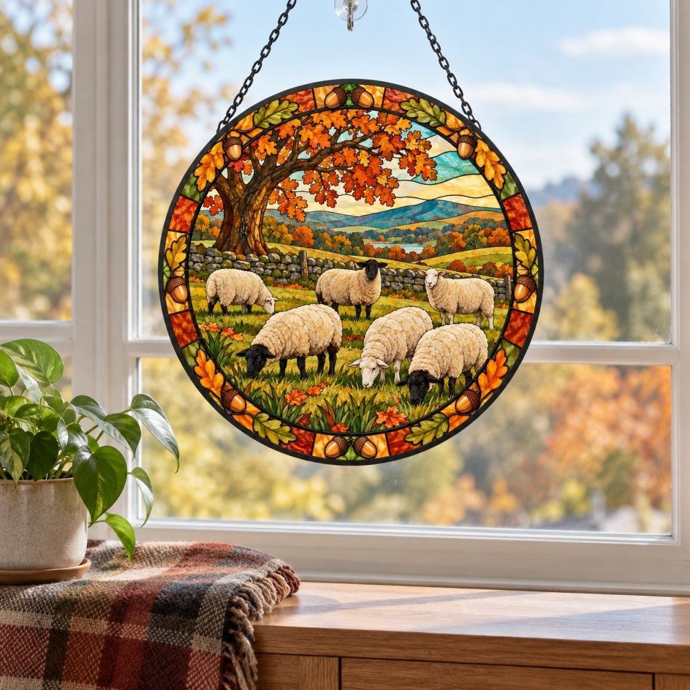 Flock of sheep under autumn oaks stained glass suncatcher window hanging, suitable for home and garden decoration