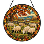 Flock of sheep under autumn oaks stained glass suncatcher window hanging, suitable for home and garden decoration