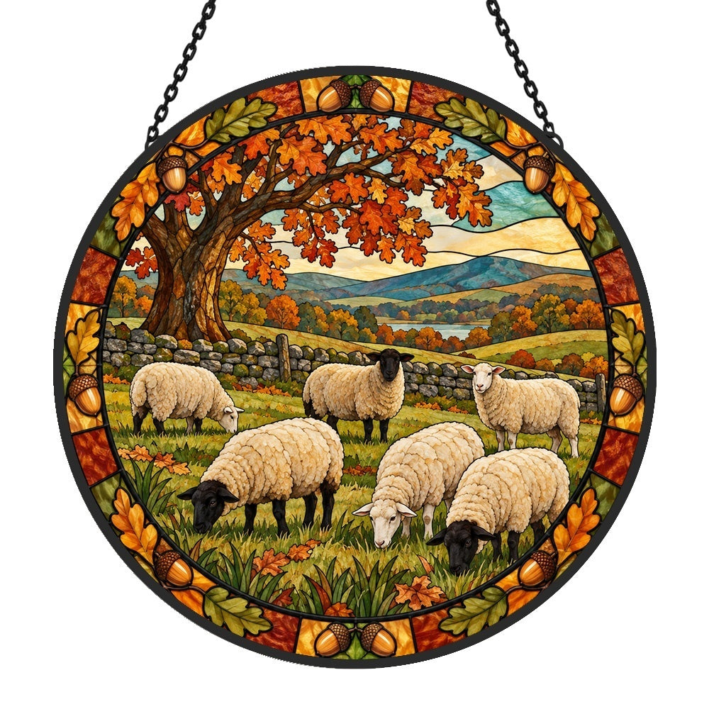 Flock of sheep under autumn oaks stained glass suncatcher window hanging, suitable for home and garden decoration
