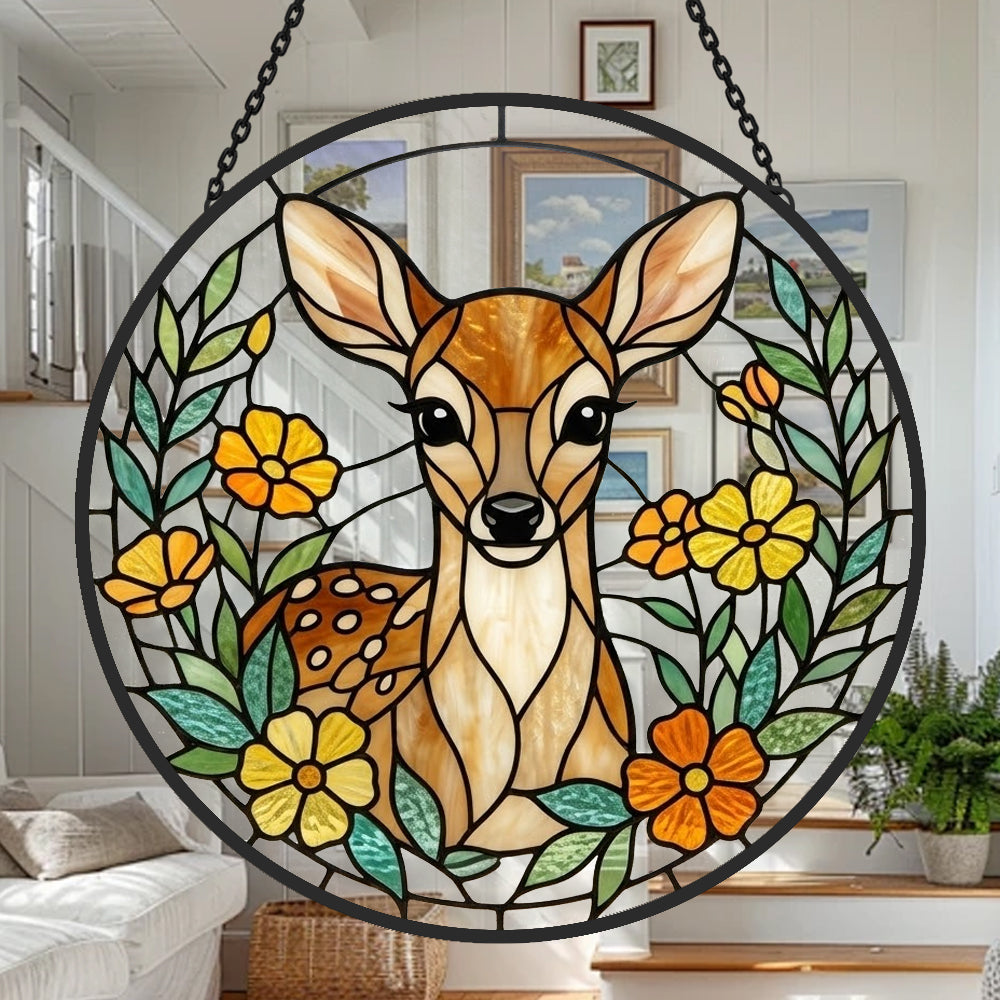 Floral baby deer stained glass suncatcher window hanging, suitable for home and garden decoration