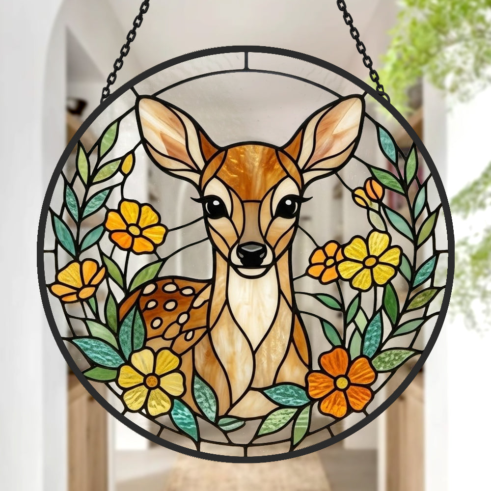 Floral baby deer stained glass suncatcher window hanging, suitable for home and garden decoration