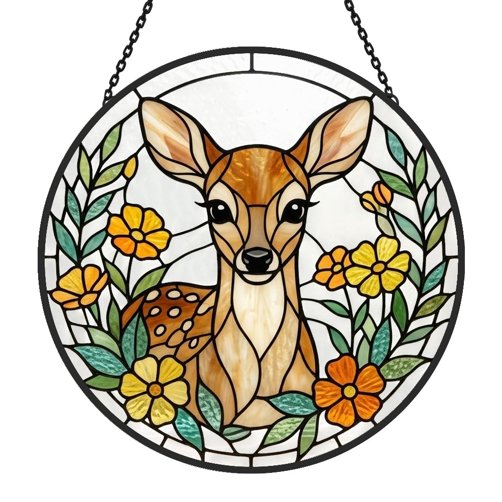 Floral baby deer stained glass suncatcher window hanging, suitable for home and garden decoration