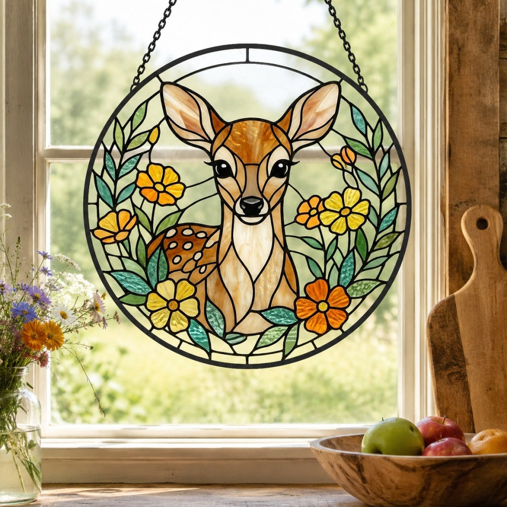 Floral baby deer stained glass suncatcher window hanging, suitable for home and garden decoration