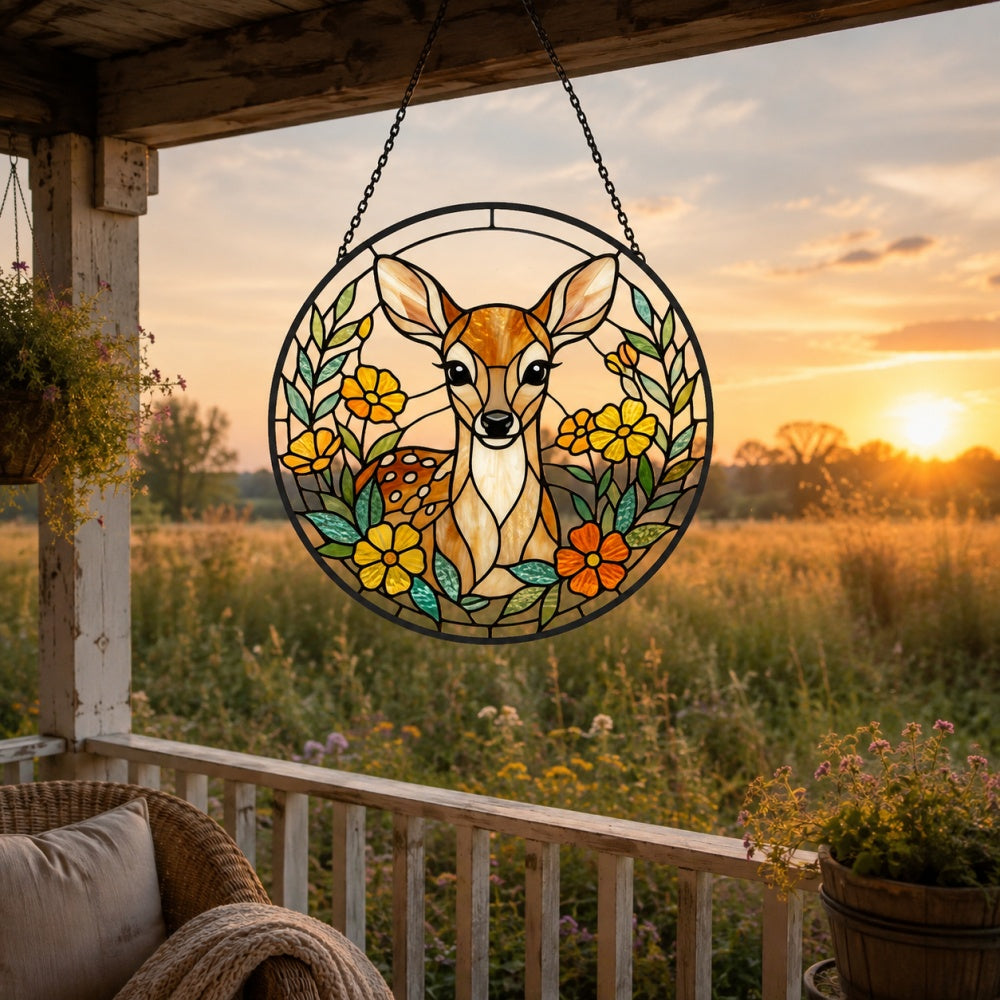 Floral baby deer stained glass suncatcher window hanging, suitable for home and garden decoration
