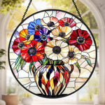 Floral bouquet in vase stained glass suncatcher window hanging, suitable for home and garden decoration
