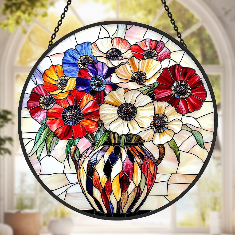 Floral bouquet in vase stained glass suncatcher window hanging, suitable for home and garden decoration