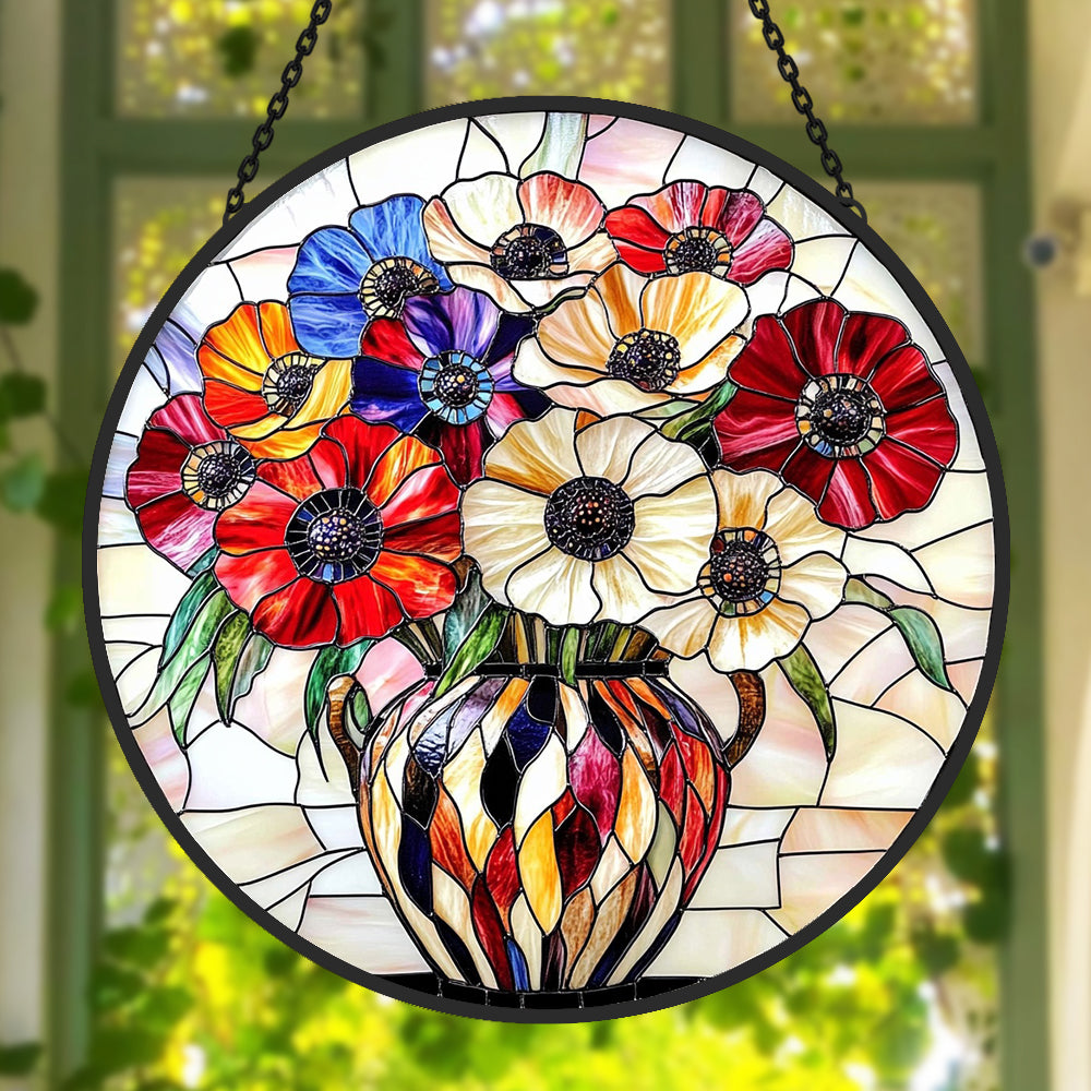 Floral bouquet in vase stained glass suncatcher window hanging, suitable for home and garden decoration