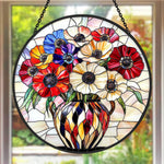 Floral bouquet in vase stained glass suncatcher window hanging, suitable for home and garden decoration