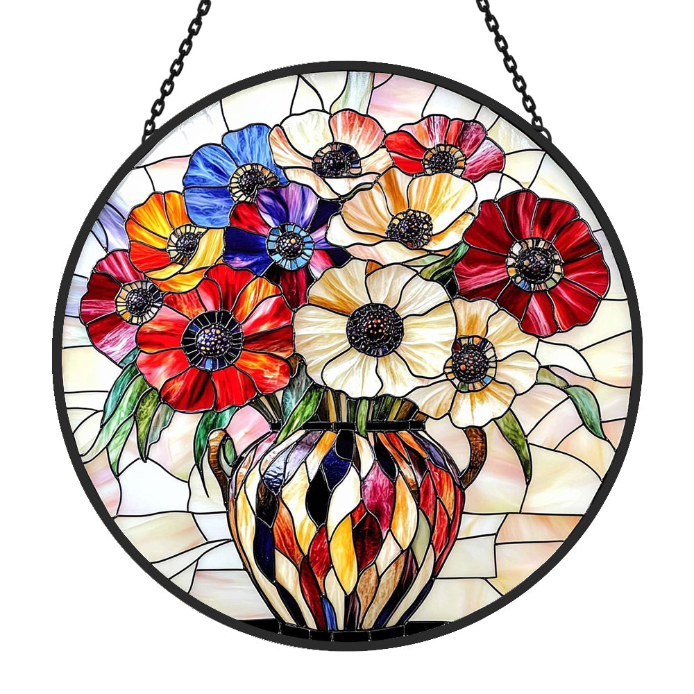 Floral bouquet in vase stained glass suncatcher window hanging, suitable for home and garden decoration