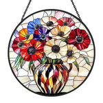 Floral bouquet in vase stained glass suncatcher window hanging, suitable for home and garden decoration