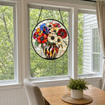 Floral bouquet in vase stained glass suncatcher window hanging, suitable for home and garden decoration