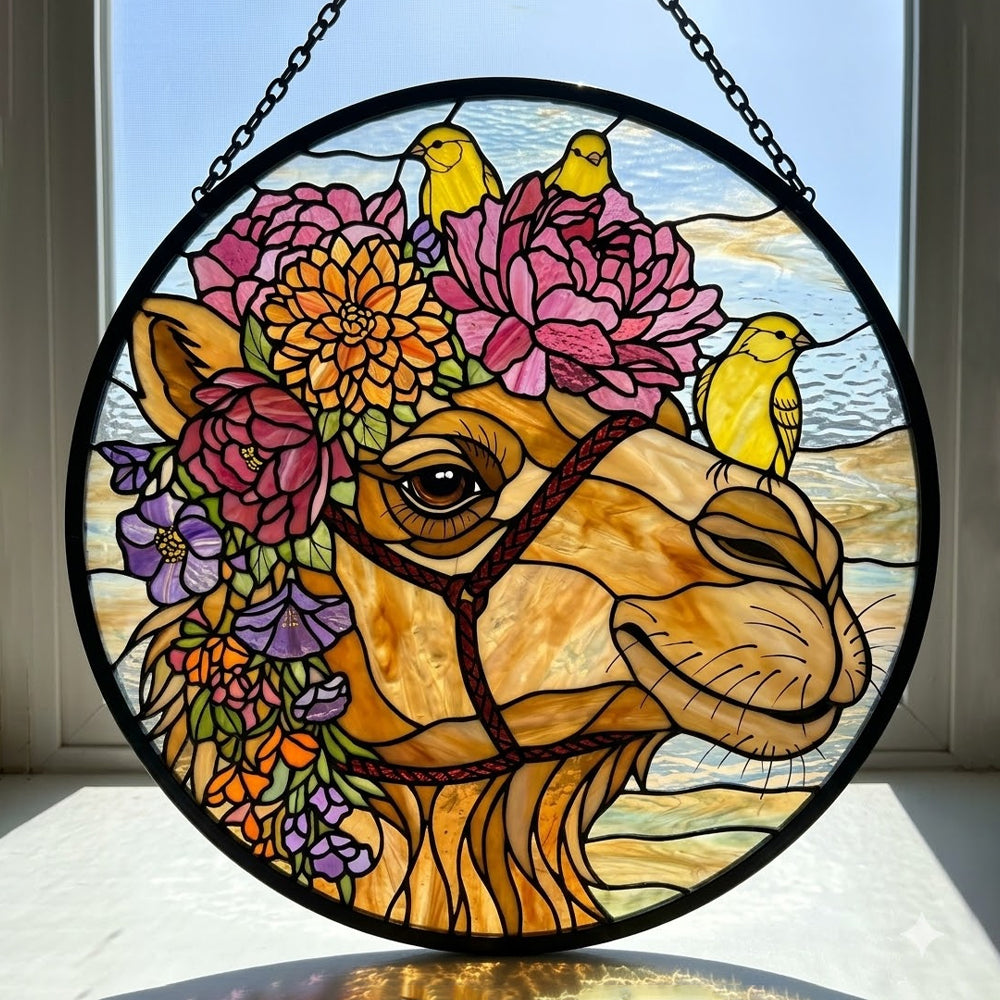 Floral camel and yellow birds stained glass suncatcher window hanging, suitable for home and garden decoration