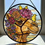 Floral camel and yellow birds stained glass suncatcher window hanging, suitable for home and garden decoration