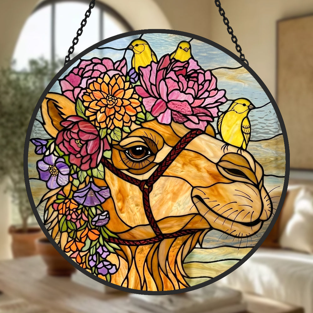 Floral camel and yellow birds stained glass suncatcher window hanging, suitable for home and garden decoration