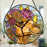 Floral camel and yellow birds stained glass suncatcher window hanging, suitable for home and garden decoration