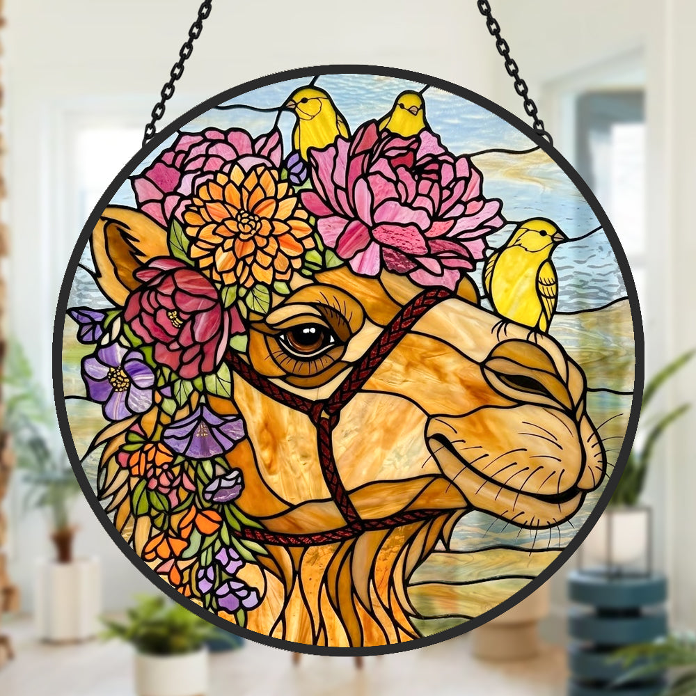 Floral camel and yellow birds stained glass suncatcher window hanging, suitable for home and garden decoration