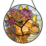 Floral camel and yellow birds stained glass suncatcher window hanging, suitable for home and garden decoration