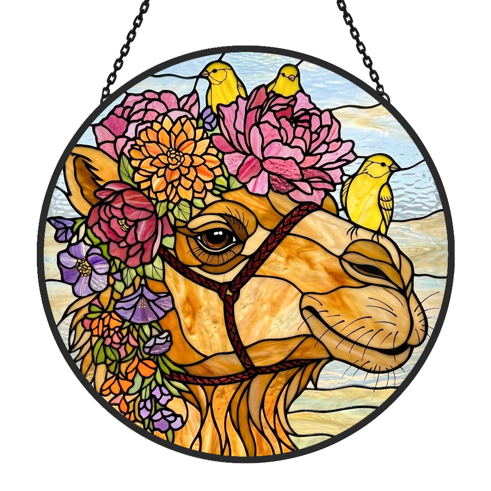 Floral camel and yellow birds stained glass suncatcher window hanging, suitable for home and garden decoration