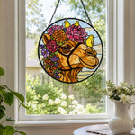 Floral camel and yellow birds stained glass suncatcher window hanging, suitable for home and garden decoration