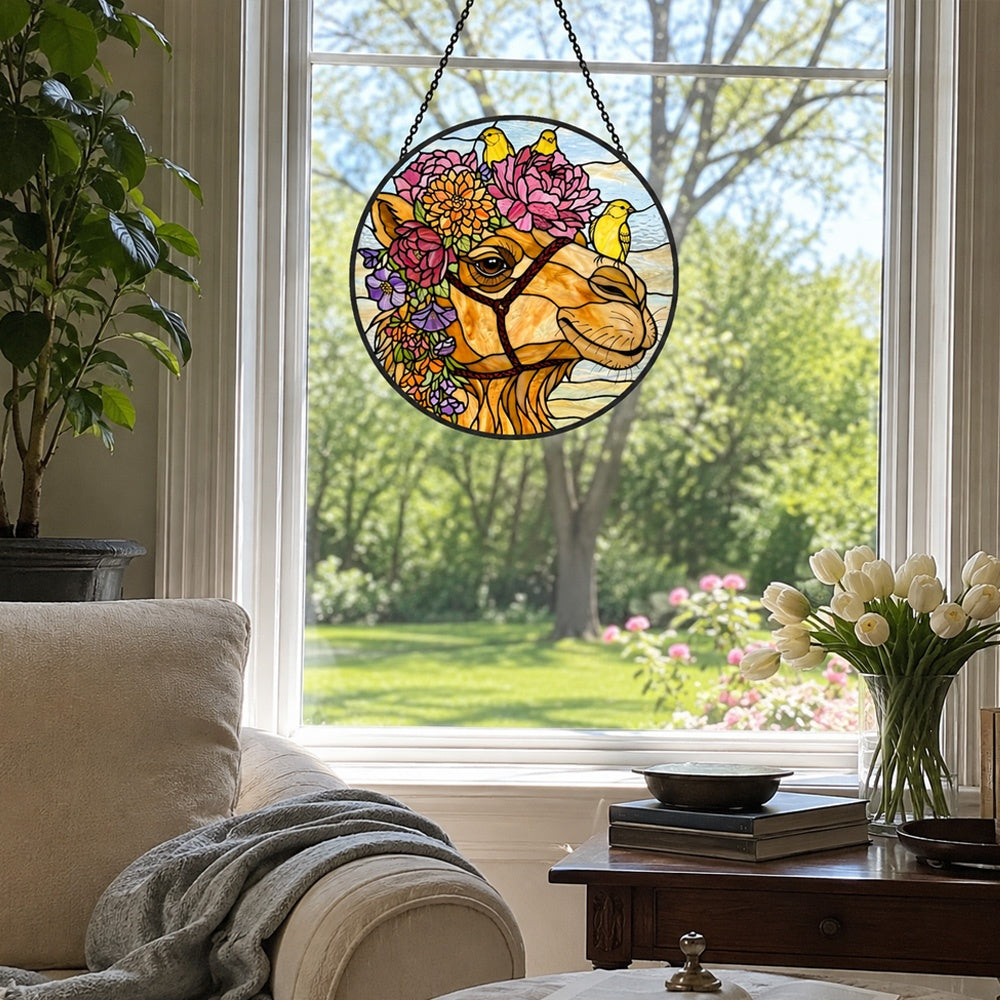 Floral camel and yellow birds stained glass suncatcher window hanging, suitable for home and garden decoration