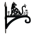 Floral cat and butterfly metal hanging basket bracket mounted on outdoor wall for plant decoration