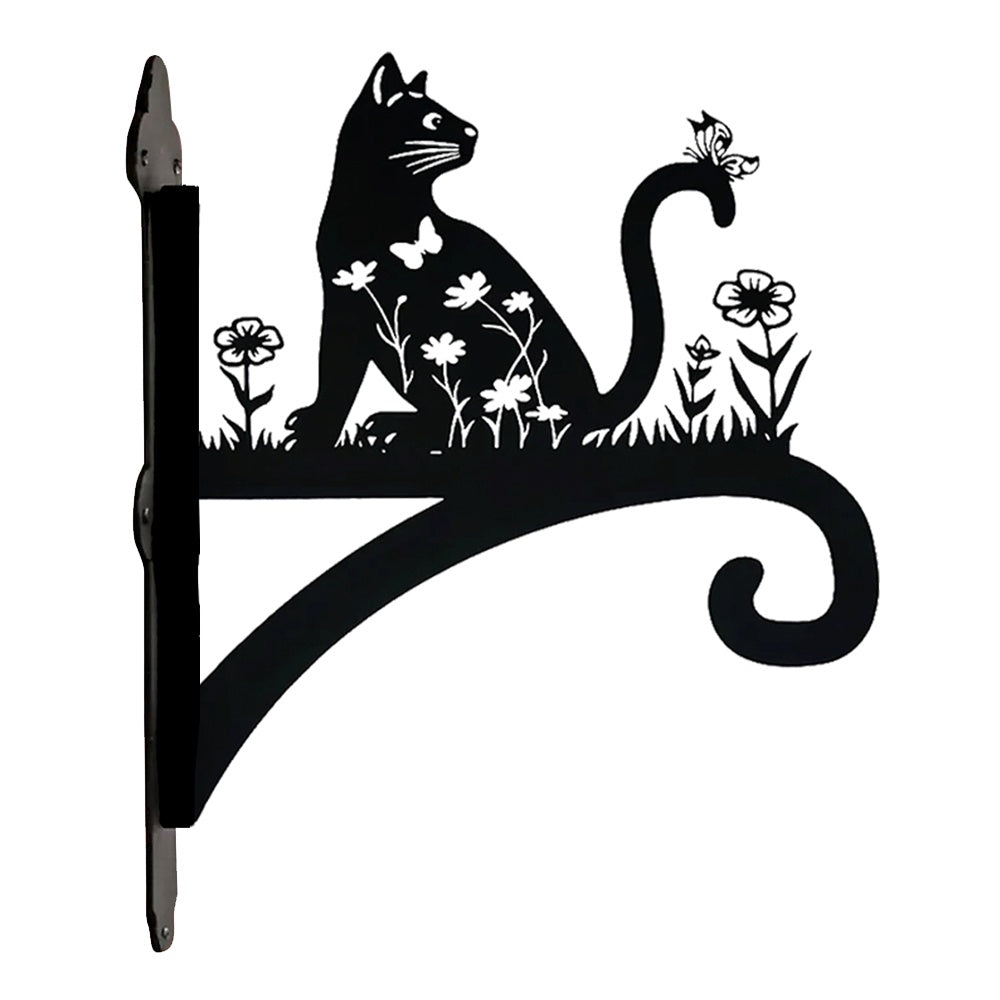 Floral cat and butterfly metal hanging basket bracket mounted on outdoor wall for plant decoration