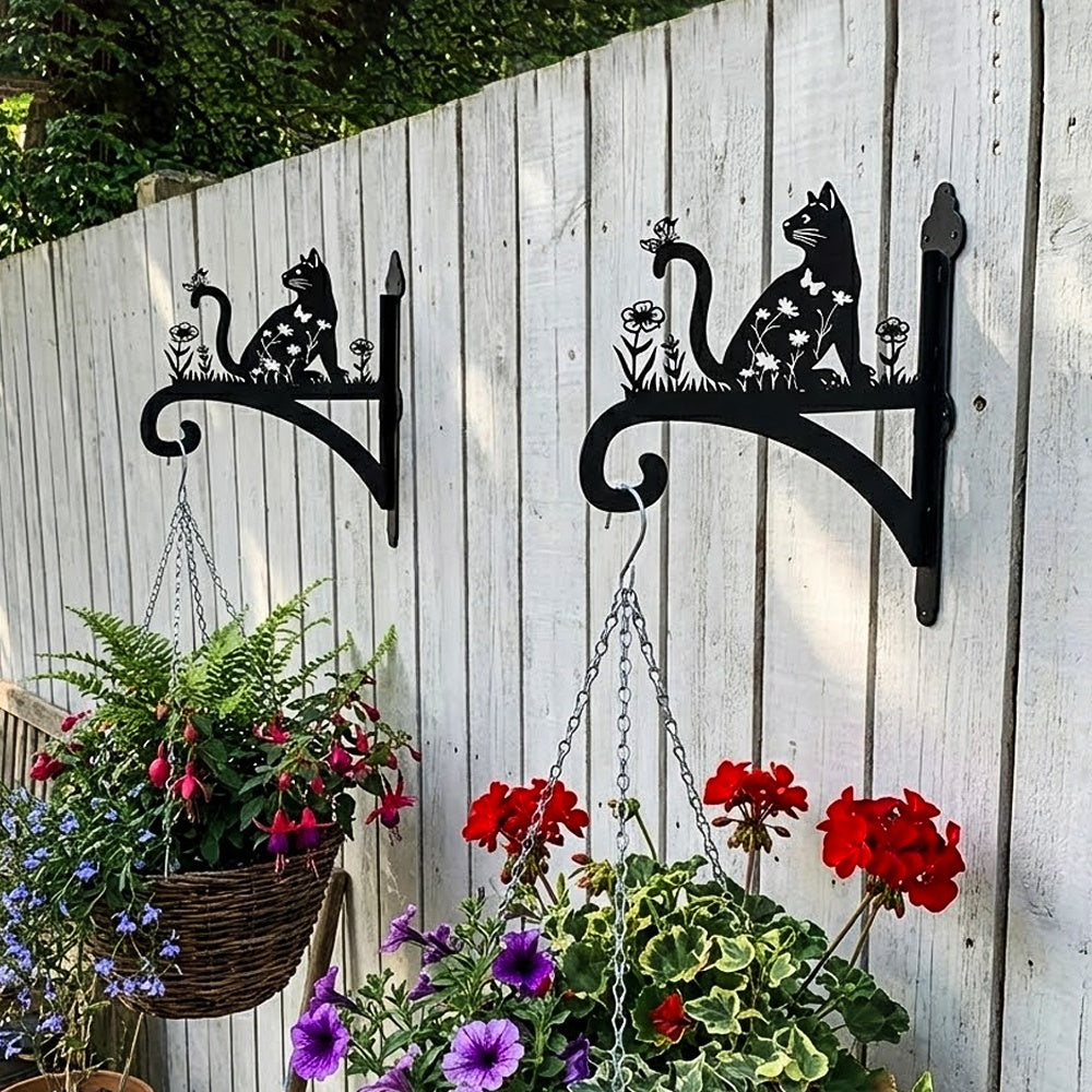 Floral cat and butterfly metal hanging basket bracket mounted on outdoor wall for plant decoration