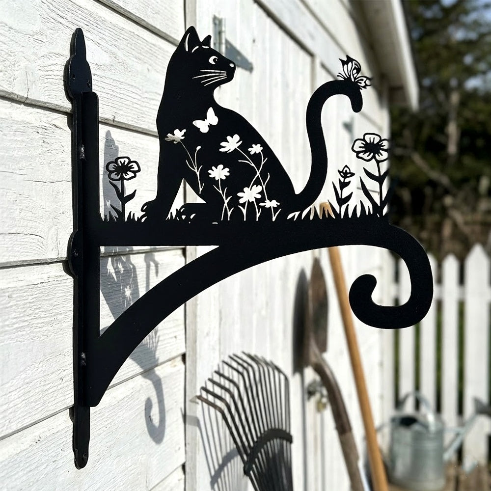 Floral cat and butterfly metal hanging basket bracket mounted on outdoor wall for plant decoration
