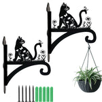Floral cat and butterfly metal hanging basket bracket mounted on outdoor wall for plant decoration